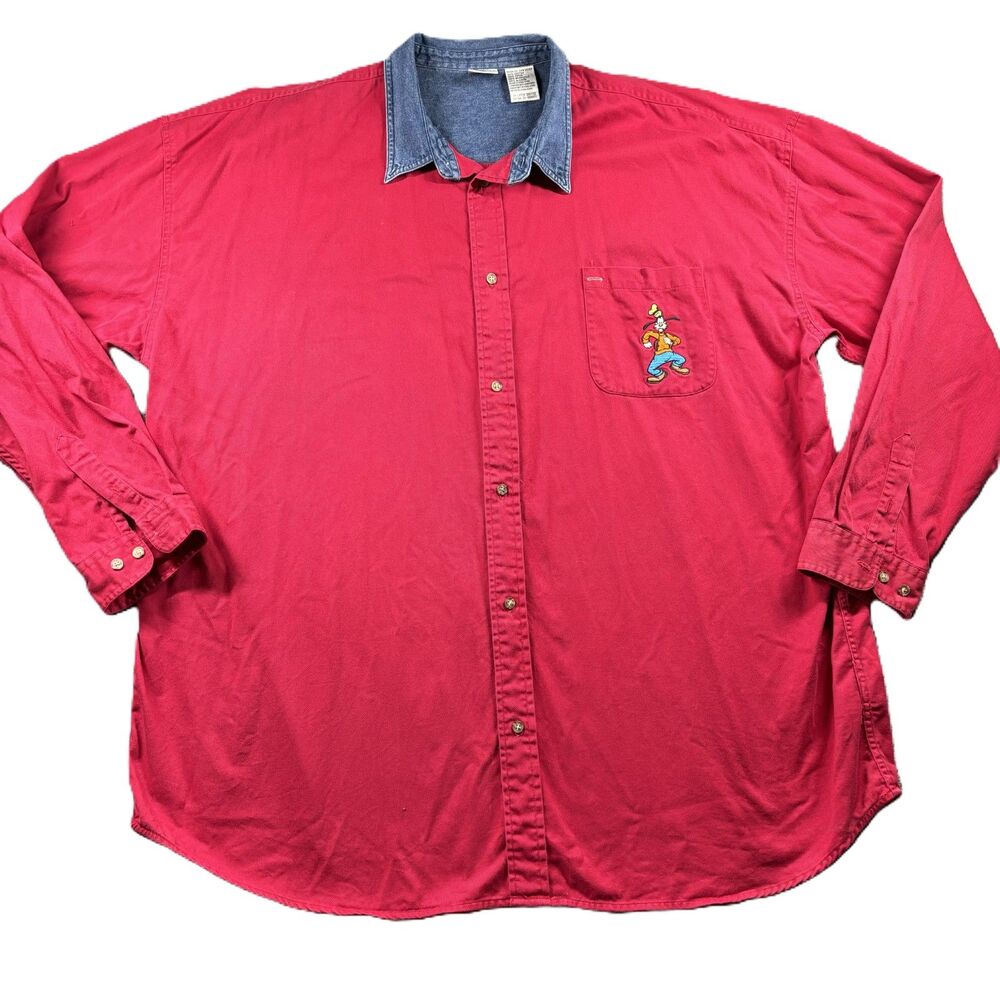 Disney Store Men Shirt Button Down Canvas Denim Goofy Vintage Red 3X J162